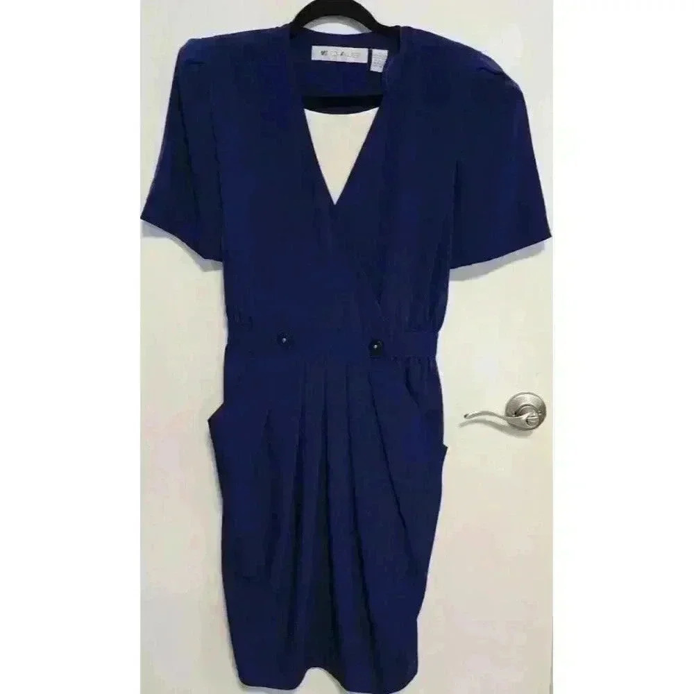 Ms Chaus Vintage Navy Blue‎ Pleated Business Dress w/ Belt, Sz. 10